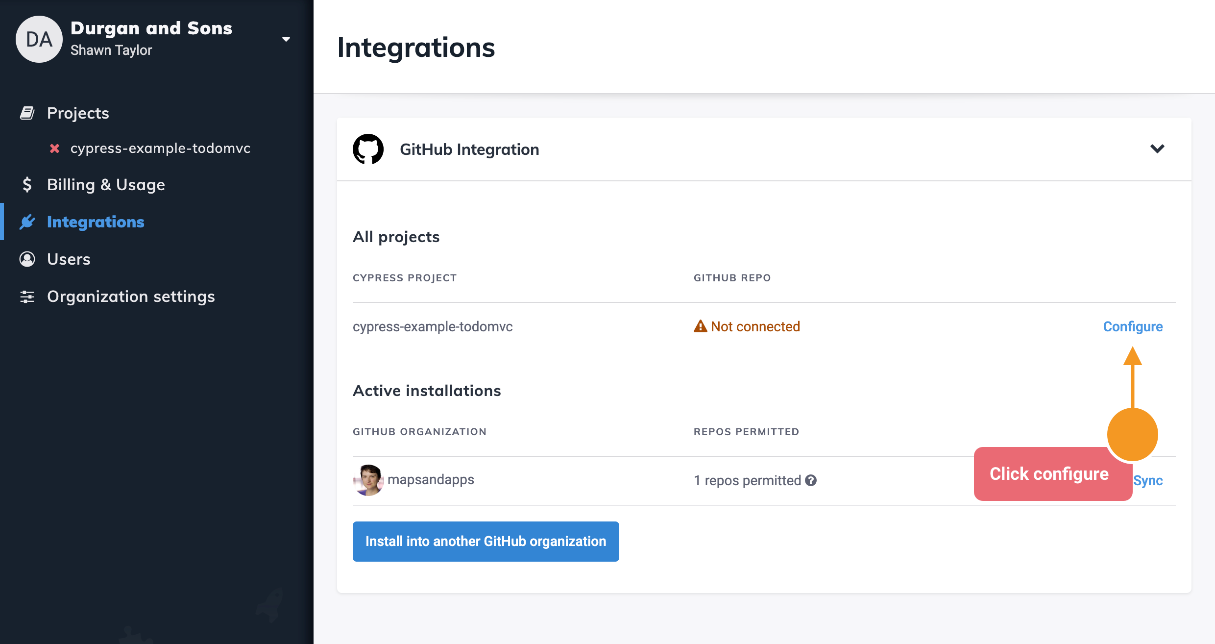 Org GitHub Integration settings
